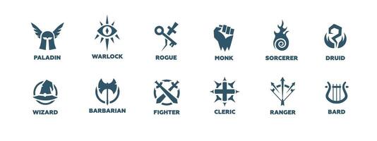 Fantasy character classes with symbols for role-playing games and adventures vector