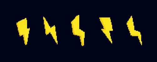 Five simple yellow pixel lightning bolts showing different shapes and designs vector