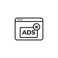 Ad blocker icon showing web page with large crossed circle over word ads in simple black line vector