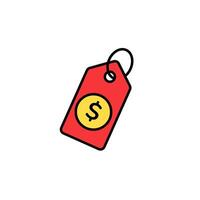 Red price tag with yellow coin symbol centered and black outline displaying currency sign vector