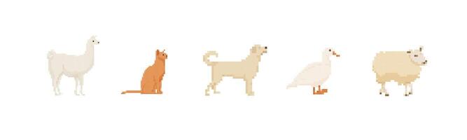 Pixel art animals in a row. llama, cat, dog, duck, and sheep displayed in pixelated style vector