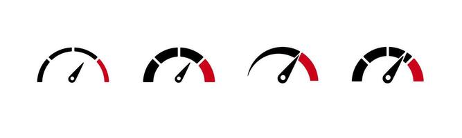 Four simple red and black speedometer icons displayed in various design styles and positions vector