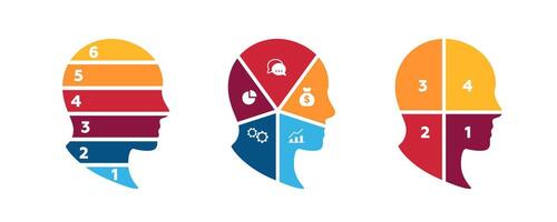 Three colorful human head shapes with various segmented designs and symbols inside each head vector