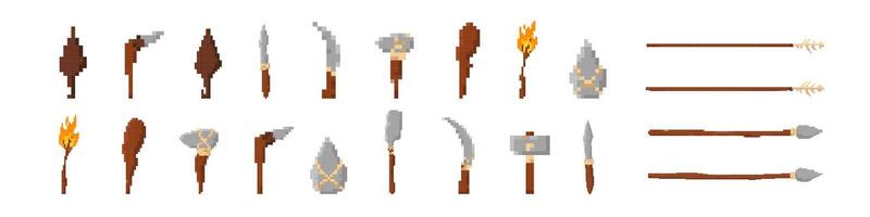 Collection of pixel art medieval weapons including swords axes spears and torches vector