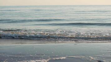 Calm ocean waves lapping on the sandy beach during a serene sunset in late summer video