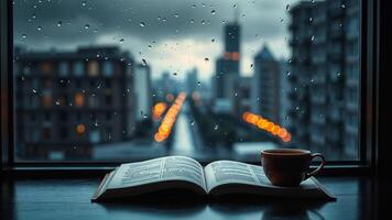 Rainy Cityscape View, Book Coffee Window Cozy Evening, Relaxation Reading Comfort Atmosphere photo