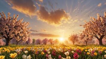 Serene Spring Sunset Blossoming Cherry Trees and Tulip Fields photo