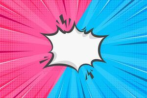 Pop art cartoon background. Comic book superhero backdrop with retro starburst effect. Vs template with speech bubble frame. Blue and pink vintage versus abstract poster with radial rays and halftone vector