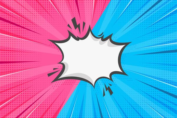 Pop art cartoon background. Comic book superhero backdrop with retro starburst effect. Vs template with speech bubble frame. Blue and pink vintage versus abstract poster with radial rays and halftone