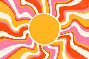 Sunrays retro background. Summer 70s abstract poster. Groovy design with grunge texture. Old paper banner with orange and pink spiral beams on pastel backdrop. vector