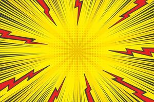 Comic cartoon yellow background with lightnings and thunder power effect. Abstract pop art design with halftone radial bolt energy. Explosion rays and speed lines. Retro superhero illustration vector