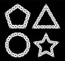 Four ornate geometric shapes. White outlines. Pentagon, triangle, circle, and star. Symmetrical patterns. Intricate details. Decorative art. Vintage style. Isolated elements. Flat . Wicker shape vector