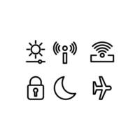 Six simple line icons screen button. for brightness, wifi, airplane mode, lock, moon, and wifi with a device. Suitable for technology concept designs. vector