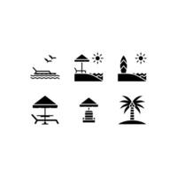 six black icons depicting beach vacation activities. Perfect for travel brochures, beach resort advertisements, or summerthemed designs. Fun and versatile graphics. vector