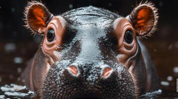 Baby hippo with big eyes and tiny smile, close-up shot photo