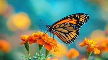 Monarch butterfly on marigold, wings displayed, against soft blue sky. photo
