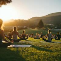 Stretching Poses at Sunrise, Practicing Yoga in Serene Mountain Landscape photo