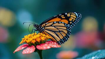 Close-up of a monarch butterfly resting on a flower, dewdrops. photo
