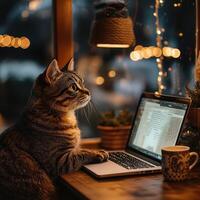 A cat typing at desk with coffee, cozy home office. photo