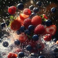 Strawberries, Blueberries, Raspberries Exploding into a Splash of Juice photo