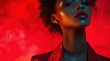 High-fashion model wearing a luxurious outfit against a dramatic backdrop photo