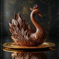 Artfully Designed Chocolate Swan with Elegant Feathers on Golden Plate photo