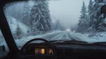 Snowy mountain road through foggy windshield, snow-covered pine trees outside photo