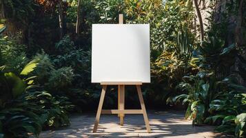 Blank Canvas on Easel Surrounded by Lush Green Garden Outdoors photo