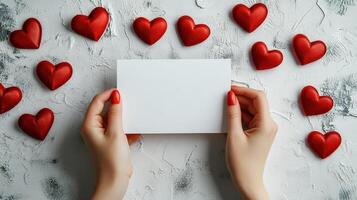 Blank card in hands with red hearts and soft textures around photo