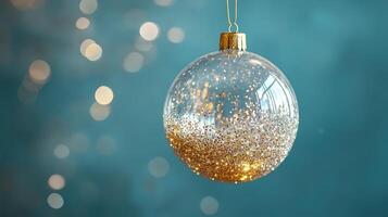 Glowing New Years Eve Ornament with Snowflakes and Golden String photo