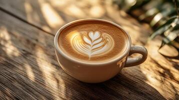 Steaming coffee cup with intricate latte art in warm sunlight photo