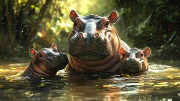Siblings of baby hippos enjoying playtime in shallow river waters photo