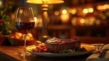 Warm Carnivore Feast with Ribeye Steak, Wine, and Golden Glow photo