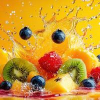Colorful Explosion of Fruit Juices Blending in a Surreal Splash photo