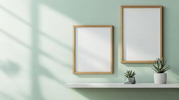 Photorealistic Wooden Frames, Shelf, and Succulent on Olive Wall photo