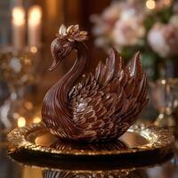 Sophisticated Chocolate Swan on Golden Plate with Detailed Feather Texture photo