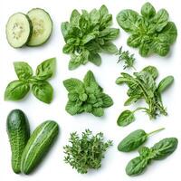 Organic Green Vegetables and Herbs Isolated on a White Background photo
