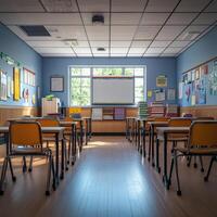 Neat and welcoming classroom prepared for the first day of school photo