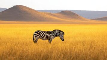 Solitary zebra in golden grass field, mountains in the distance. photo
