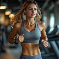 Woman in Gym Running on Treadmill, Fitness Tracker and Focus photo