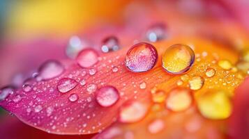 Colorful reflections in water droplets on delicate flower petal surface photo