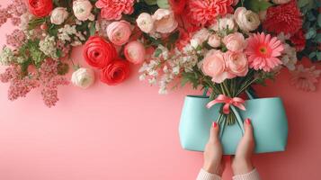 High resolution image of hands with flowers, shoes, handbag, pink photo