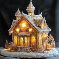 Warm glowing lights and intricate details in decorative gingerbread house illustration photo