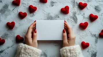 Realistic photo of hands holding card surrounded by soft textures, hearts