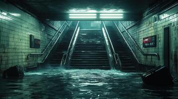 Eerie flooded subway station with reflections, abandoned luggage, and water photo