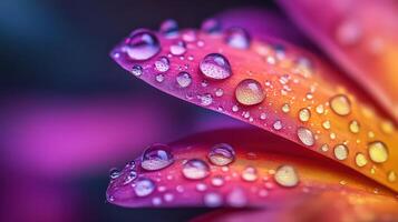 Water droplets on delicate flower petal, reflecting vibrant colors and light photo