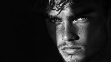 High-contrast black and white portrait of a young man, moody photo