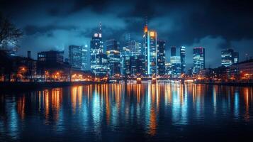 Nighttime city view with glowing buildings and shimmering reflections on water photo
