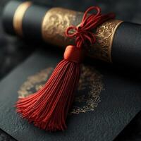 Classic graduation cap with golden tassel, resting on tied diploma photo
