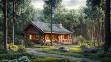 Warm and inviting log cabin surrounded by forest, realistic photography. photo